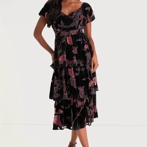 Lulu's velvet Floral Midi Dress with Flutter Sleeves and Sweetheart Neckline